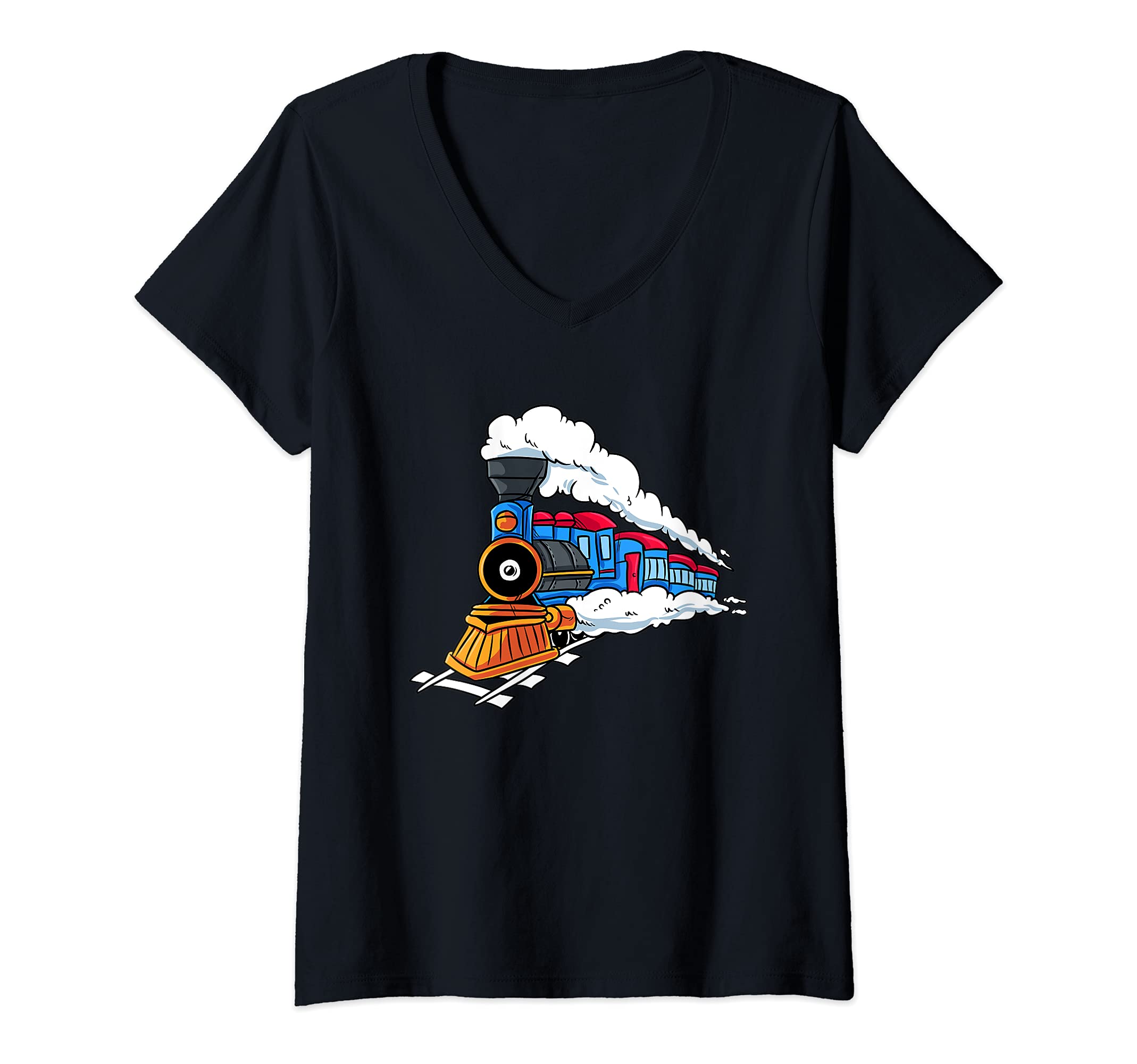 Womens Steam Locomotive Train Gift for Kids Railroad Conductor V-Neck T-Shirt