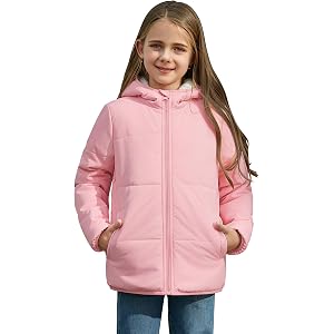 Uikue Girls Winter Warm Coat, Water-Repellent Windproof Hooded Jacket With Sherpa Fleece Lining & Side Pockets