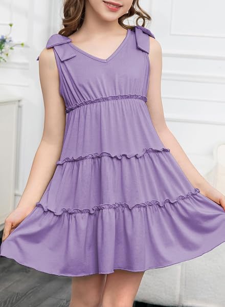 BLIBEAN TWEEN GIRLS SUMMMER DRESSES BIG KID BOHO TIERED CASUAL SOLID COLOR BEACH BOW SLEEVELESS SUNDRESS DRESSY CUTE RUFFLE OUTFITS SIZE 6-7 YEAR OLD LILAC PURPLE