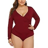 IN'VOLAND Women Plus Size Bodysuit Long Sleeve Leotard Top Basic Cross Front V Neck Bodycon T-shirt Stretchy Jumpsuit