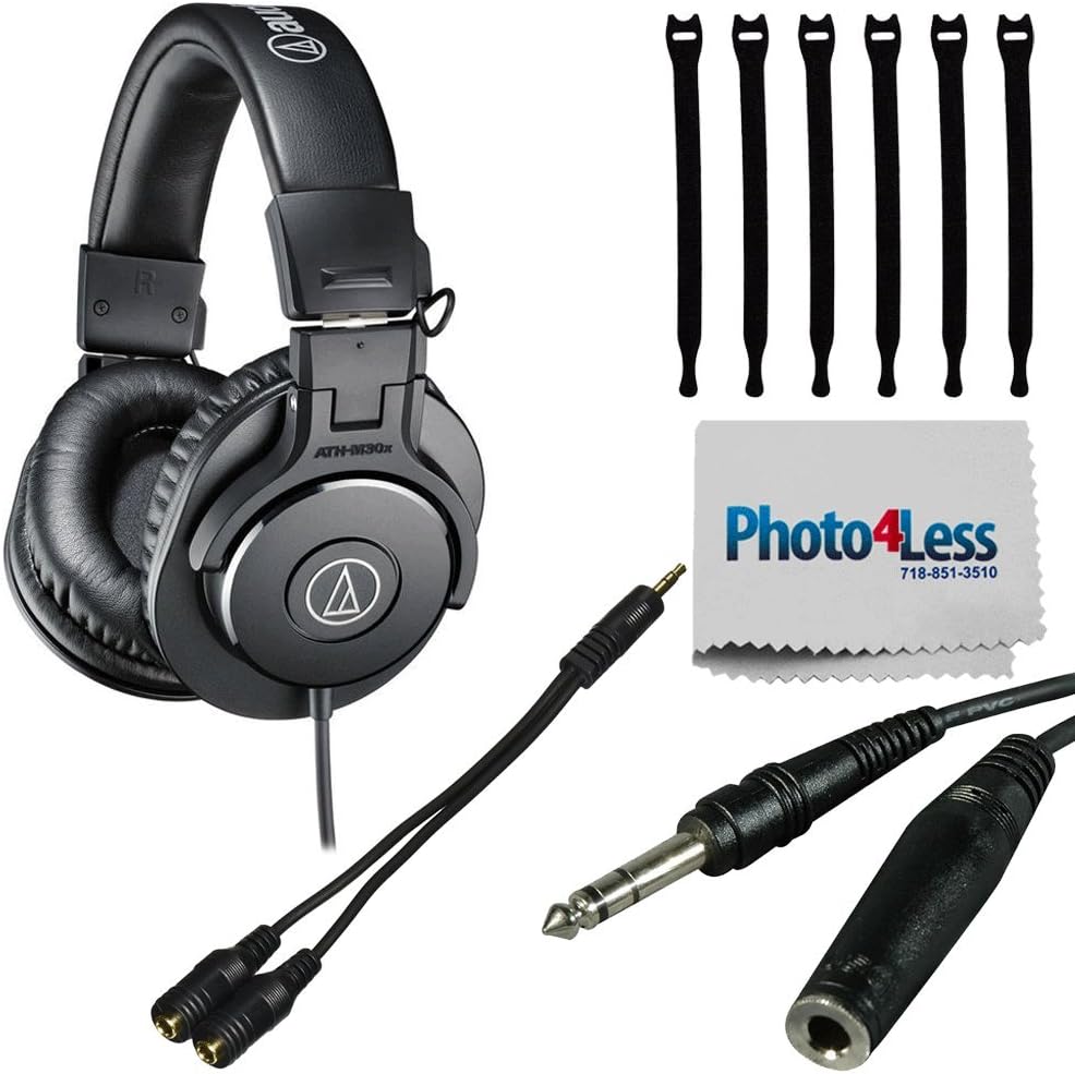 Audio-Technica ATH-M30x Professional Monitor Headphones + Headphone Splitter + 1/4 inch TRS to 1/4 inch TRS Headphone Extension Cable + Strapeez + Cleaning Cloth - Top Value Headphone Bundle