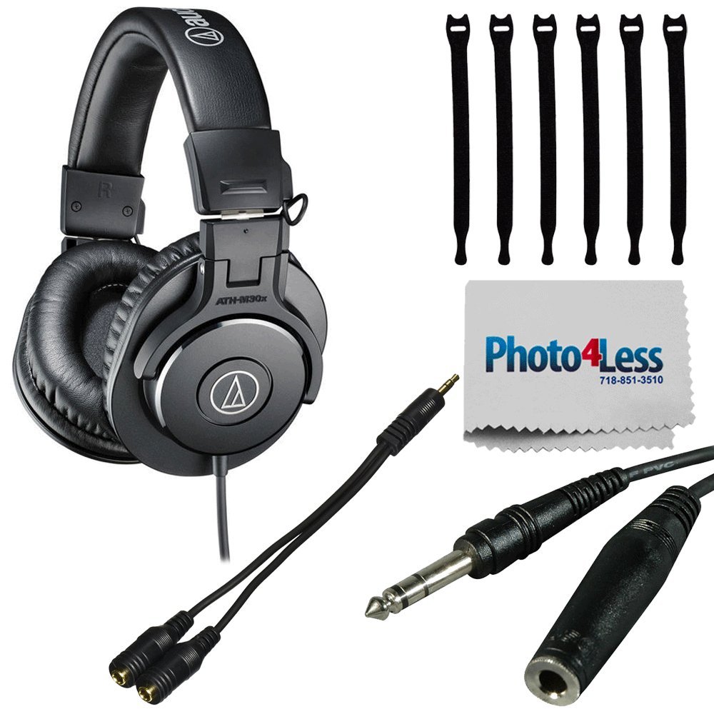 Audio-Technica ATH-M30x Professional Monitor Headphones + Headphone Splitter + 1/4 inch TRS to 1/4 inch TRS Headphone Extension Cable + Strapeez + Cleaning Cloth - Top Value Headphone Bundle