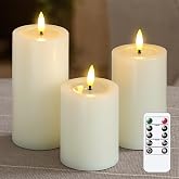 Yeelida Remote Flameless Flickering Pillar Candles with Candle Grease Effect,Pack of 3 Ivory LED Battery Oprated 2/4/6/8 Hours Timer Real Wax Electric Candles(3x4,5,6 Inches)