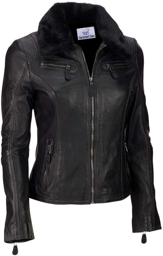 TheSmartSales Black Furry Leather Jacket for Women Amazon.co.uk Clothing