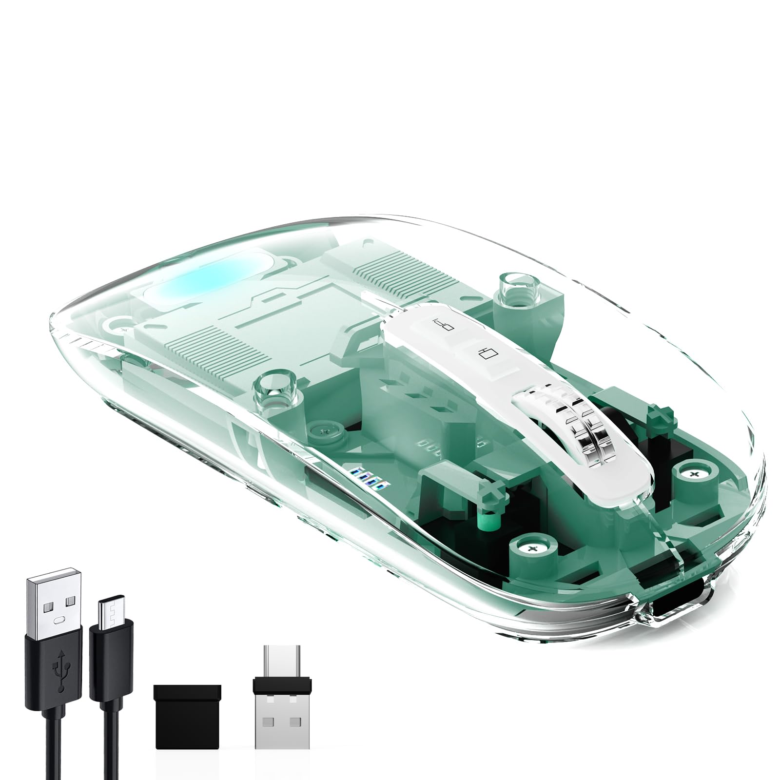 Photo 1 of Wireless Transparent Mouse for Computer,Bluetooth Mouse Rechargeale,Power Display,DPI,Shortcut,Tri-mode Bluetooth5.1(BT1+BT2) + 2.4GHz 2in1 Receiver(USB+USB-C)-Compatible with TypeC&USB Port Devices