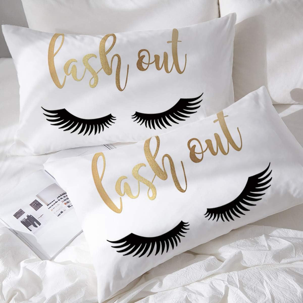 BlessLiving Eyelash Pillow Cases Black White Gold Set of 2