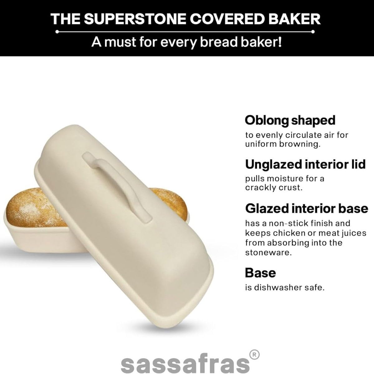 Sassafras Superstone® Covered Bread Baker with Lid - Bisque Glazed Exterior and Unglazed Interior Stoneware Bakeware - Bakes an Artisan Italian Bread with Crusty Crust and a Light Crumb