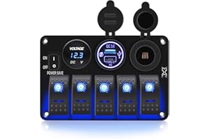 FXC Waterproof Rocker Switch Panel 5 Gang with QC3.0 USB & Type-C Slot Socket + Cigarette Lighter +LED Voltmeter with Power Save for Car Rv Marine Boat Truck(5Gang Blue LED)