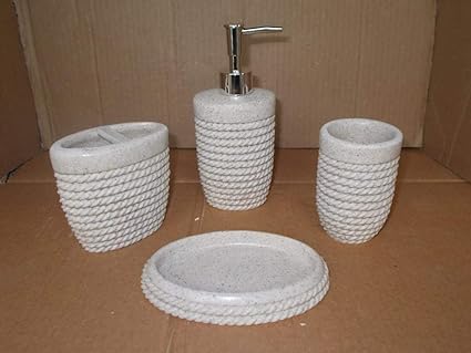 TOTO DEALS Rope Design Bathroom Sanitary Set Made from Natural Stone - Bath Accessories Set of 4 Includes Soap Dispenser, Toothbrush Holder, Utility and Soap Dish.
