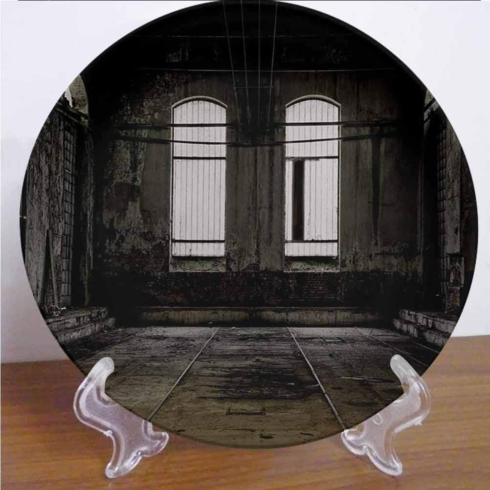 Industrial 8 Inch Ceramic Plate Vintage Style Grunge Floor Walls and Windows Messy Aged Wrecked Workshop Decorative Plate Decor Accessory for Dining, Parties, Wedding, White Dark Brown