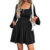 Mieazom Women Bell Long Sleeve Mini Dress Square Neck Button Down A Line Pleated Winter Fall Dresses with Pockets