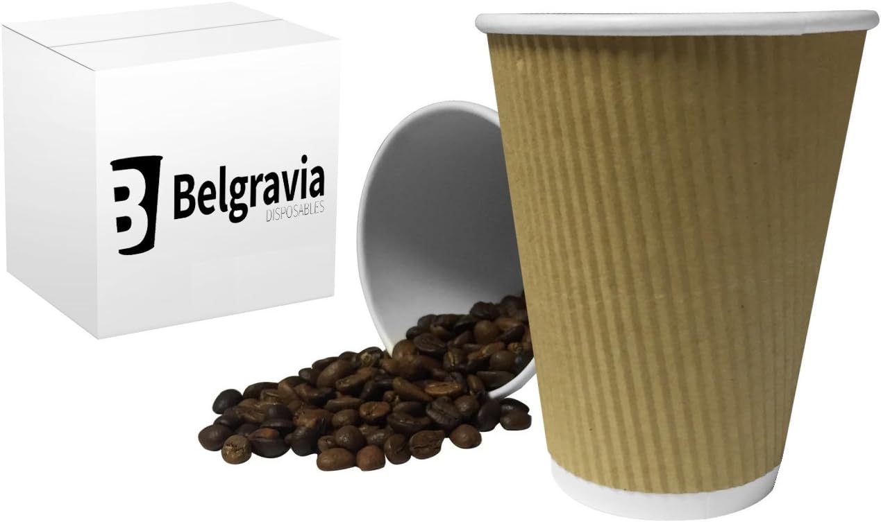 200 x Kraft 12 Ounce Ripple Paper Cups and White LIDS, 3 Ply Insulated For Tea Coffee Cappuccino Hot Drinks