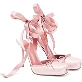 NSZPD Women's Satin Ballet Slingback High Heels with Bows Closed Square Toe Lace-Up Stiletto Pumps Elegant Mary Jane Wedding Party Shoes
