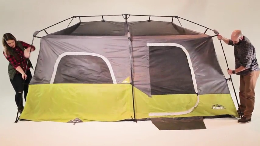 Core 9 person instant cabin tent setup with pre-attached poles
