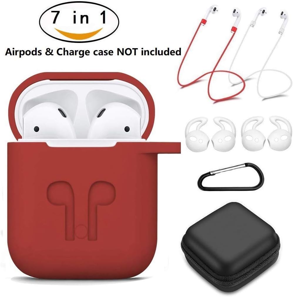 AirPods Case 7 in 1 Airpods Accessories Kits Protective Silicone Cover and Skin for Apple Airpods 1 & 2 Charging Case with Airpods Ear Hook Airpods Straps (Red)