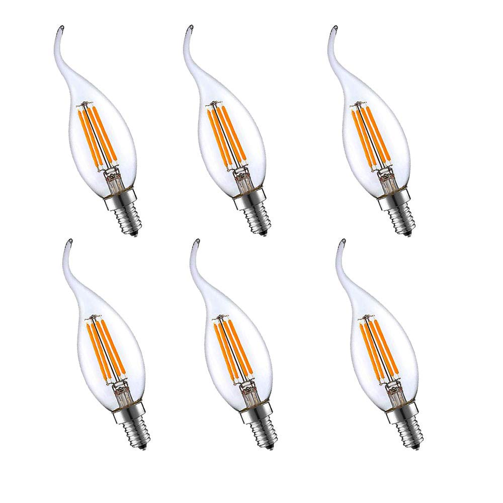 BAISHICHENG 6 Packs E14 Flame Tip LED Filament Candle Light Bulbs 4W 400LM(40W Halogen Bulb Equivalent) Small Edison Screw Clear Candle Bulb,2700K Warm White Non-Dimmable,AC220-240V