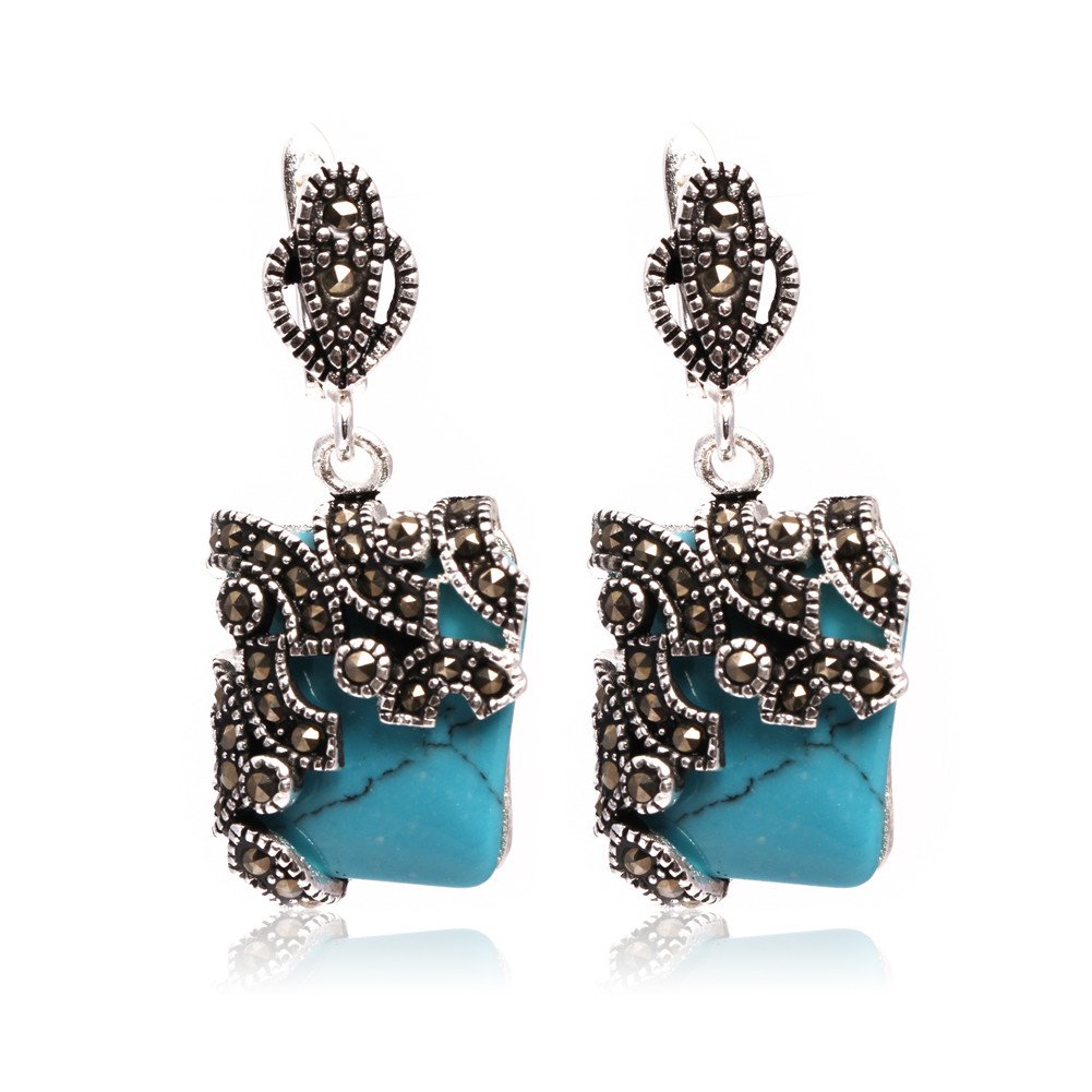 Sweet & Happy Girl's Store 15mm Square Dyed Blue Turquoise Beads Tibetan Silver Marcasite Base Dangle Stud Earrings? Jewelry