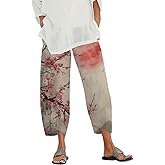 Womens Boho Floral Pants Wide Leg High Waist Trousers Baggy Casual Printed Summer Beach Capri Pants with Pockets
