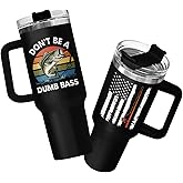 34HD Funny Fishing Tumbler 40oz with Handle Lid and Straw, Don’t Be a Dumb Bass Insulated Travel Coffee Cup, Father’s Day Gift for Men & Papa, Outdoorsman Fisherman Birthday Present