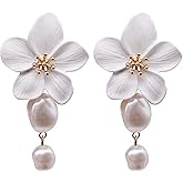 QIAOLEHUI Bohemian Large Matte Flower Pearl Stud Earrings for Women White Pearl Floral Petal Flower Dangle Drop Earrings Wedding Holiday Jewelry