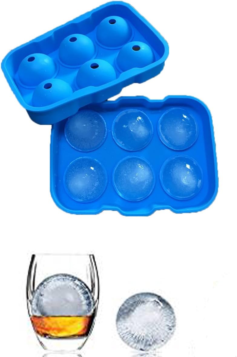 Ice Cube Trays, Silicone Sphere Whiskey Ice Ball Maker with Lids & Large Square Ice Cube Molds for Cocktails & Bourbon - Reusable & BPA Free (6 Cube)
