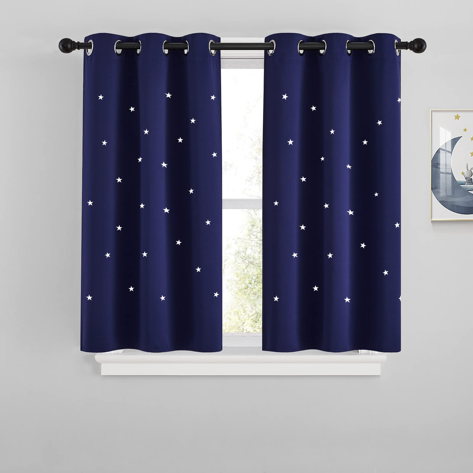 Photo 1 of NICETOWN Star Cut Out Blackout Bedroom Curtain for Kids Nursery, Thermal Insulated Window Treatment Drapes with Grommet Top for Thanksgiving, Set of 2, Navy Blue, W34 x L45 Inches