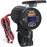Motorcycle USB Charger for Phone, 3 Ports 78W Dual PD3.0 & QC3.0 Motorcycle Phone Charger with Voltmeter & Switch, Waterproof Motorcycle Accessories 12V USB Outlet for All Cellphone, Tablet, GPS