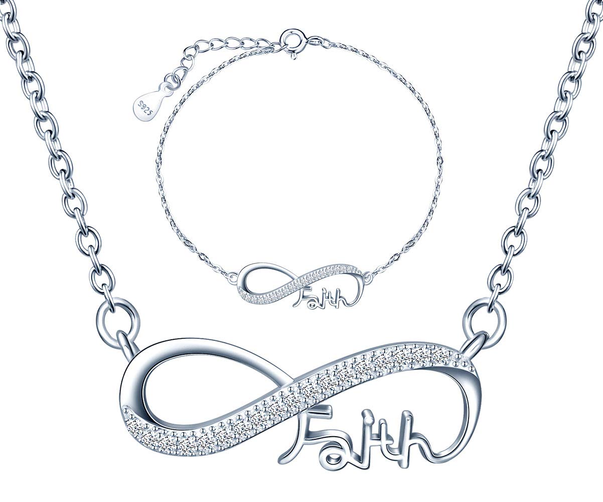 INFINIONLY 925 sterling silver Jewellery Sets, Women's Girl's Necklace pendant and Bracelet, Infinity symbol and "Faith" letter, Inlaid zircon, silver, Christmas and Birthday gift — image 1