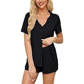 Anjue Pajamas for Women Soft Button Up Pajama Set Short Sleeve Shirt and Pajama Pants Lounge Sets S-XXL