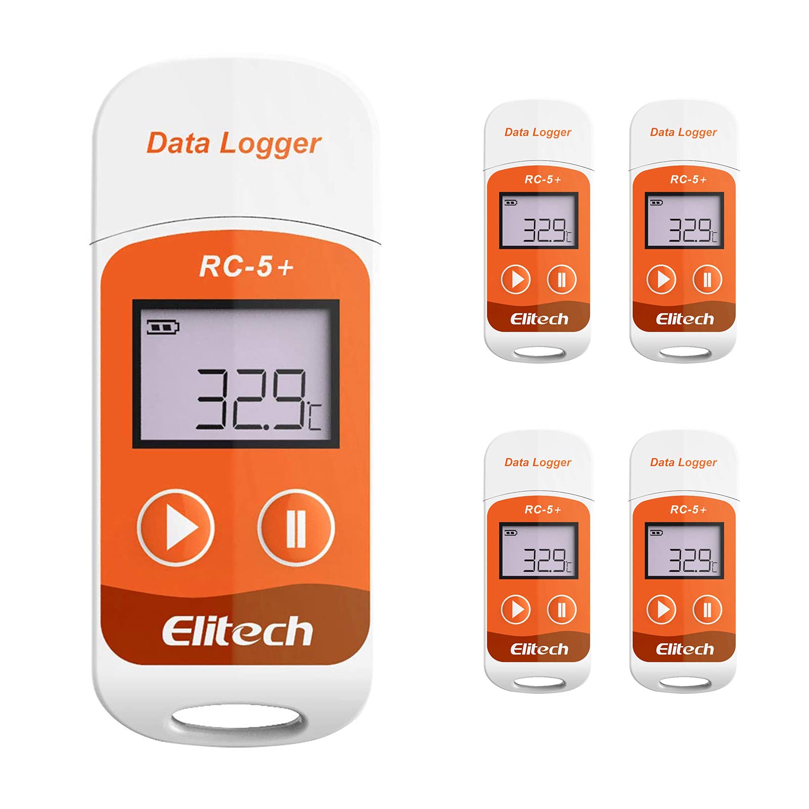 Elitech 5PCS Temperature Data Logger 32000 Points USB Temperature Data Recorder, PDF Data Report Export, RC-5+