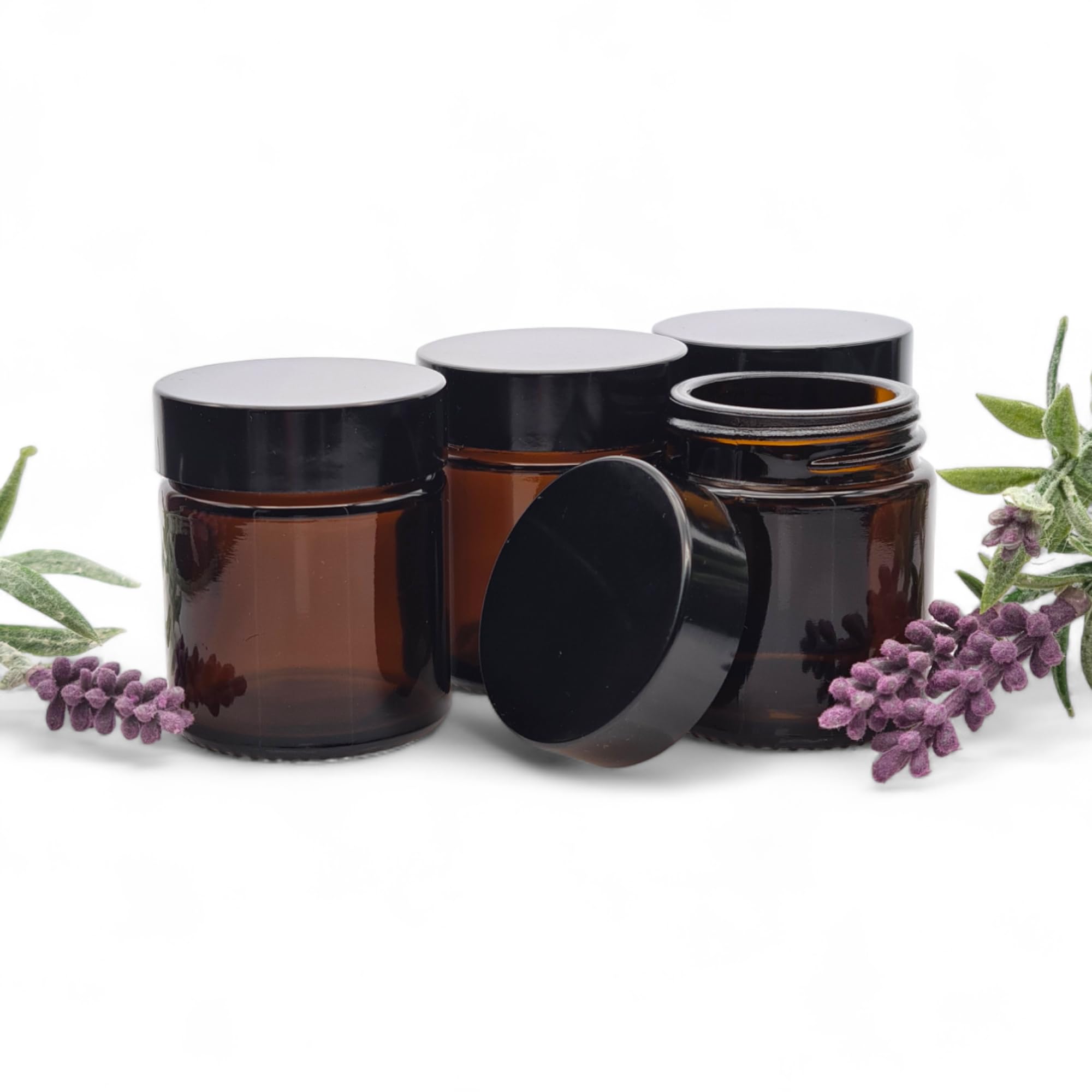AVALON 4 Pack 30ml Amber Glass Cosmetic Jars with Black Urea Airtight Lids for Aromatherapy Blends/Creams/Candlemaking, Empty Refillable Cosmetic Containers Storage of Lotions, Face Creams, Make Up
