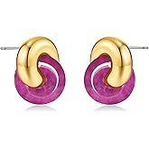 Small Twist Interlock Chunky 18K gold plated Gemstone Natural Stone (Brown, Green, Pink, White) Statement Earrings for Women by SNGIA, Dainty Love Knot Tiger Eye Amber Jade Tourmaline Bold Handmade Exaggerated Dome Retro Rounded Button Half Ball Trendy Bohemian Jewelry Gifts, Unique Baroque Circle Stone Summer Beach Fashion Earrings Accessories, Round Thick Circular Nickle Free Huggies Earrings.