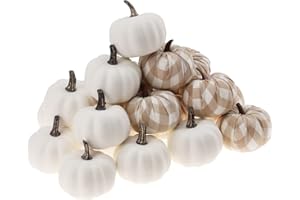 Woration 20 Pack Small Artificial Lifelike Pumpkin Fake White & Beige Plaid Fabric Mini Pumpkins for Home Fall Harvest Decor Thanksgiving & Halloween Decoration