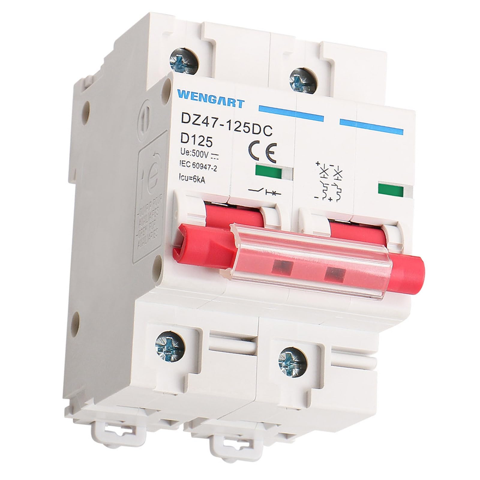 Wengart Miniature Circuit Breaker DZ47-125, 2P 500V 125A, Solar PV System Isolator, DC Disconnect Switch, DIN Rail Mount