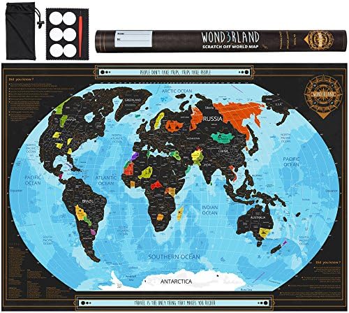 Two Scratch Off World Maps with US States - Deluxe Large Wall Poster - Detailed Travel Tracker - Perfect Gift for Travelers - BONUS Adhesive Stickers + Scratch Tool + Wiping Cloth + Unique eBook …