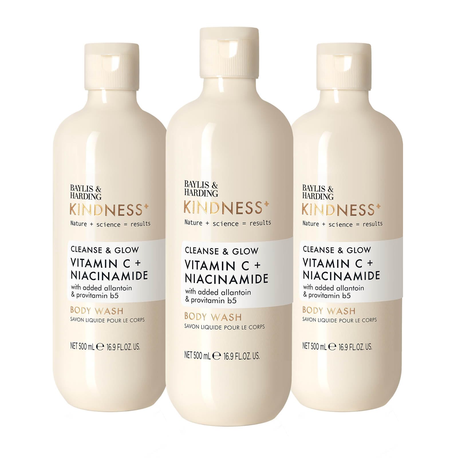 Baylis & Harding Kindness + Vitamin C & Niacinamide, Orange & Mango Fragrance, 500 ml Cleanse & Glow Body Wash (Pack of 3) - Vegan Friendly