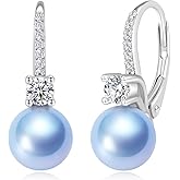 BAMIKI Pearl Drop Dangle Earrings 925 Sterling Silver Cubic Zirconia Leverback Earrings, 8MM Round White/Black/Blue Cultured Pearls Jewelry Gifts for Women Wife Mother