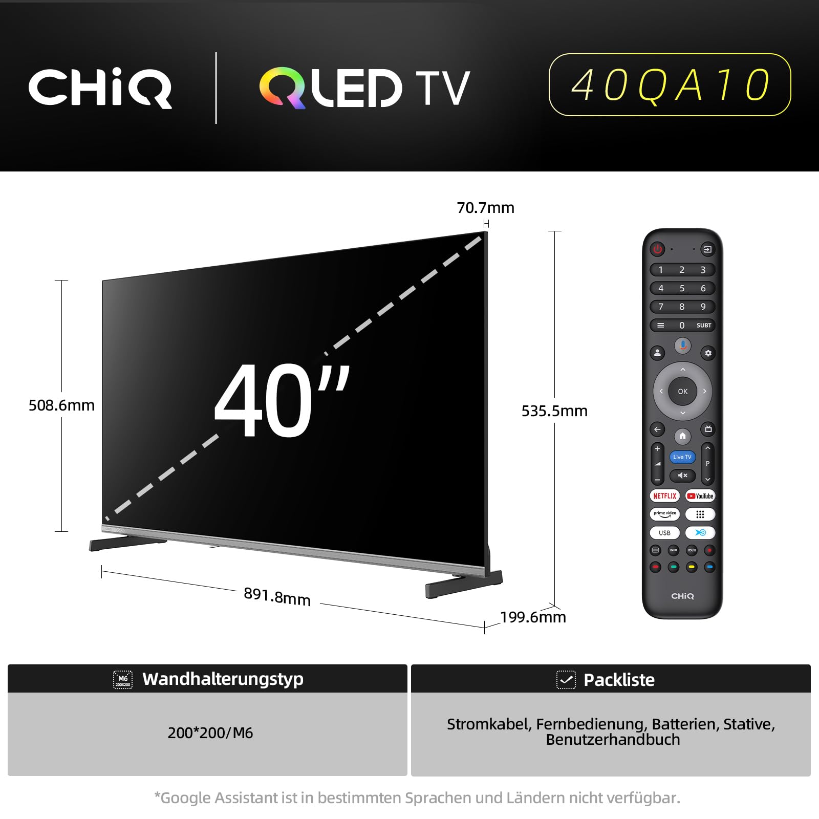 CHIQ 40QA10 40 Zoll(100 cm) Ful-HD QLED Google Smart TV mit HDR10, Dolby Audio, Airplay, Chromecast, Integrierter Triple Tuner (DVB-C/T/T2/S/S2), Prime Video, Integrierter Google Assistant 2