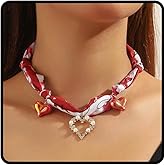 Silk Scarf Necklace with Charm Gold Coin Bow Flower Pearl Daisy Scarf Charm Necklace Blue/Red/Green/Orange Bohemian Choker Spring Summer Holiday Jewelry Gifts for Women