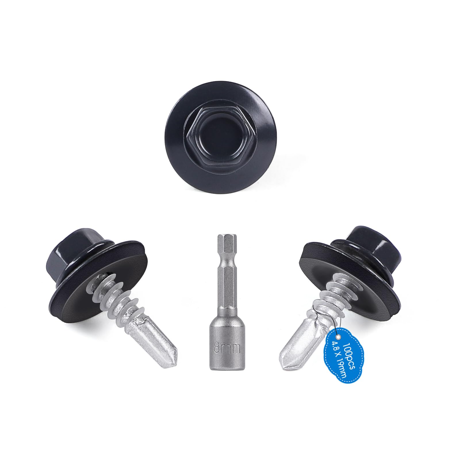 Supaway Trapezoidal Sheet Metal Screws 4.8 x 19 mm, Pack of 100, Roofing Screws with EPDM Washers, Galvanised, Tapping, Hexagonal Bit Socket Wrench Set