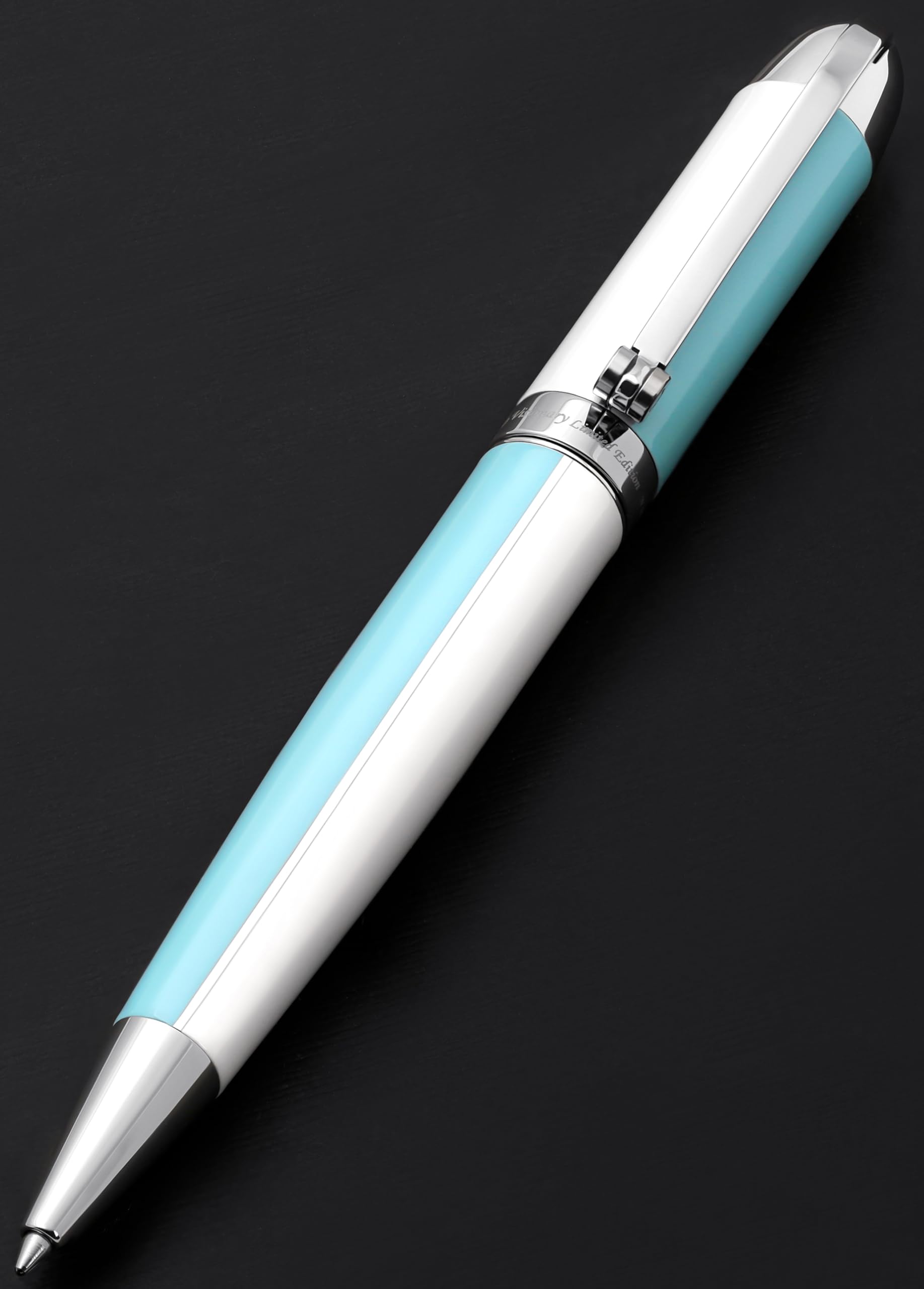 Xezo Visionary Medium Brass and Aluminum Ballpoint Pen, Hand Lacquered in Sky Blue and White Color. Numbered in Limited Edition of 500. Classic Art Deco Color Disposition, Retrofuturistic Body Style