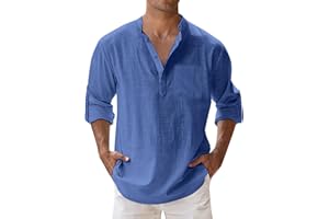 YOUYING Men's Cotton Linen Henley Shirt Long Sleeve Hippie Casual Beach T Shirt Summer Loose Lightweight Band Collar Yoga Top