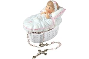 Precious Moments Baptized In His Name Resin Box with Rosary – Keepsake Baptism Gift for Baby Girl – Hand-Painted Religious Figurine, 153406