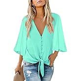 Kancystore Womens Button Down V Neck Tie Knot Front Tops 3/4 Sleeve Chiffon Casual Blouse Shirts
