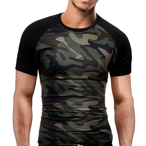 feiXIANG Herren Tarnung Oberteile Militärische Kurzarm T-Shirts Tunika Rundhals Casual Tops Männer Slim Sportbekleidung