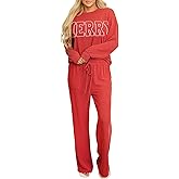 Deer Lady 2 Piece Sets for Women Fall Ribbed Long Sleeve Top and Pants Set Pocket Pajama Lounge Sets Travel Outfit Loungewear