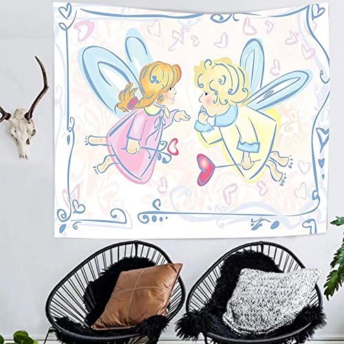Amazing Outlets Tapestry custom Teen Girls Decor Collection Adorable Little Angels Blond Fairytale Magical Princess Heart Shapes Image Bedroom Living Room Dorm Tapestry Blue Pink Yellow