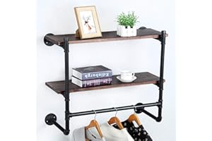 JIANZHUO Industrial Pipe Clothing Rack Wall Mounted with Wood Shelf,Rustic Retail Garment Rack Display Rack Cloths Rack,Pipe Shelving Floating Shelves
