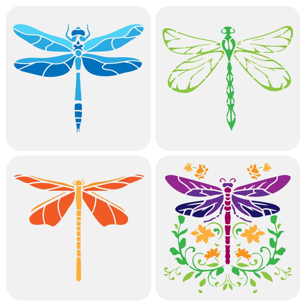 FINGERINSPIRE 4 PCs Dragonfly Stencil - 20x20cm Floral & Wild Insects Patterns on Wall, Canvas, Fabric & Furniture