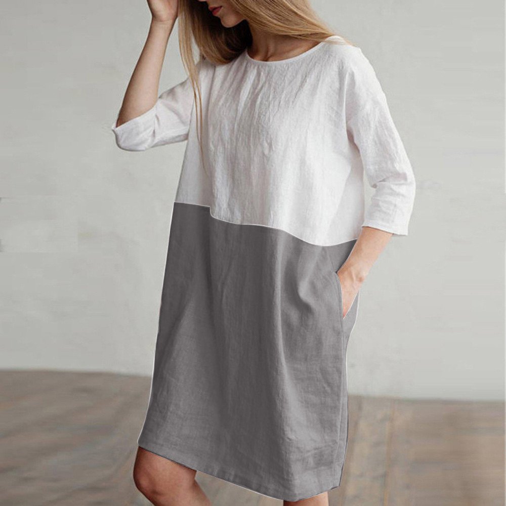 POTO Women Dresses, Loose Color Stitching Casual Dresses with Pockets Cotton Linen Tunic Dress Party Dress Beach Dress